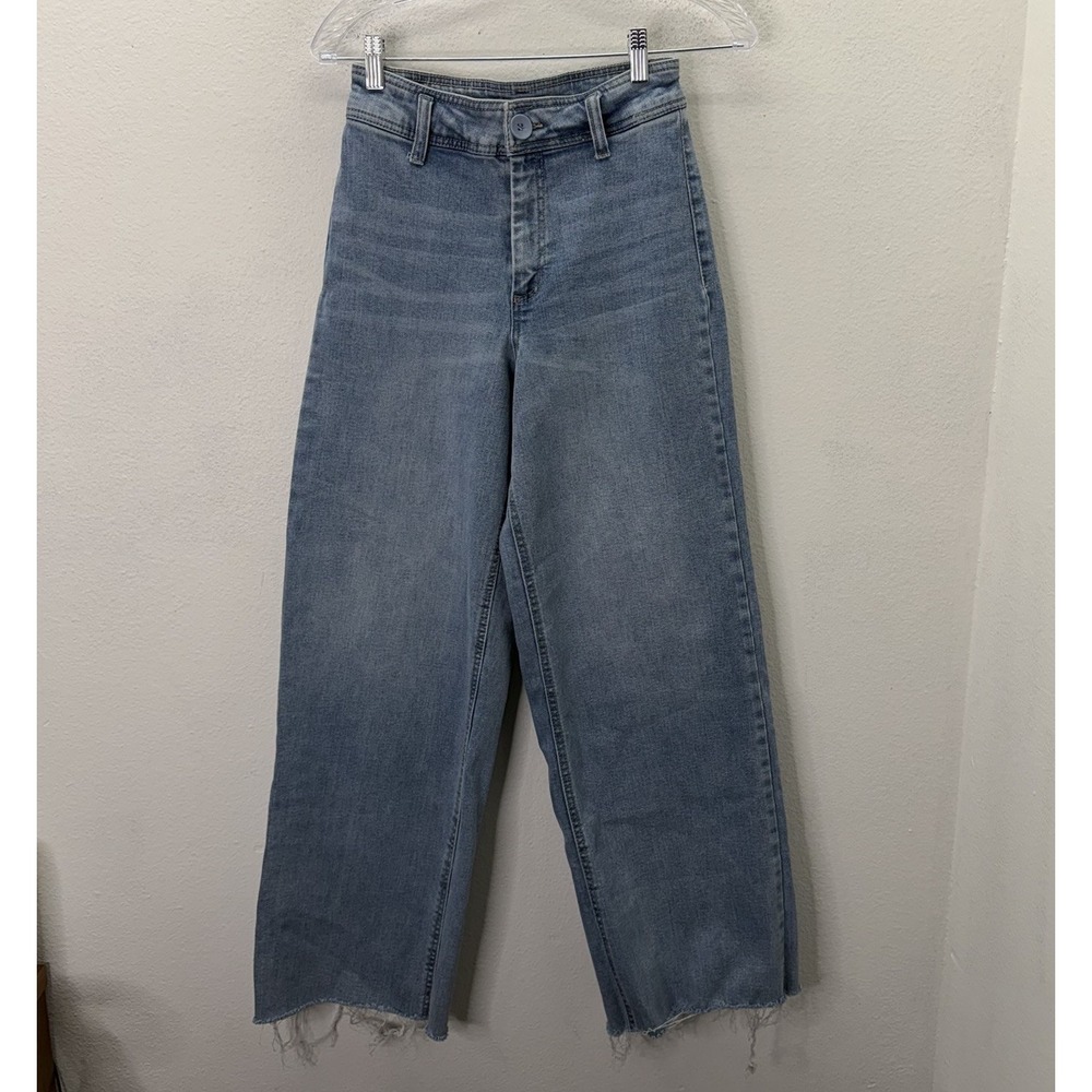 Oat New York Jeans Blue High Rise Wide Leg Medium Wash Denim Raw Hems SZ 4/27